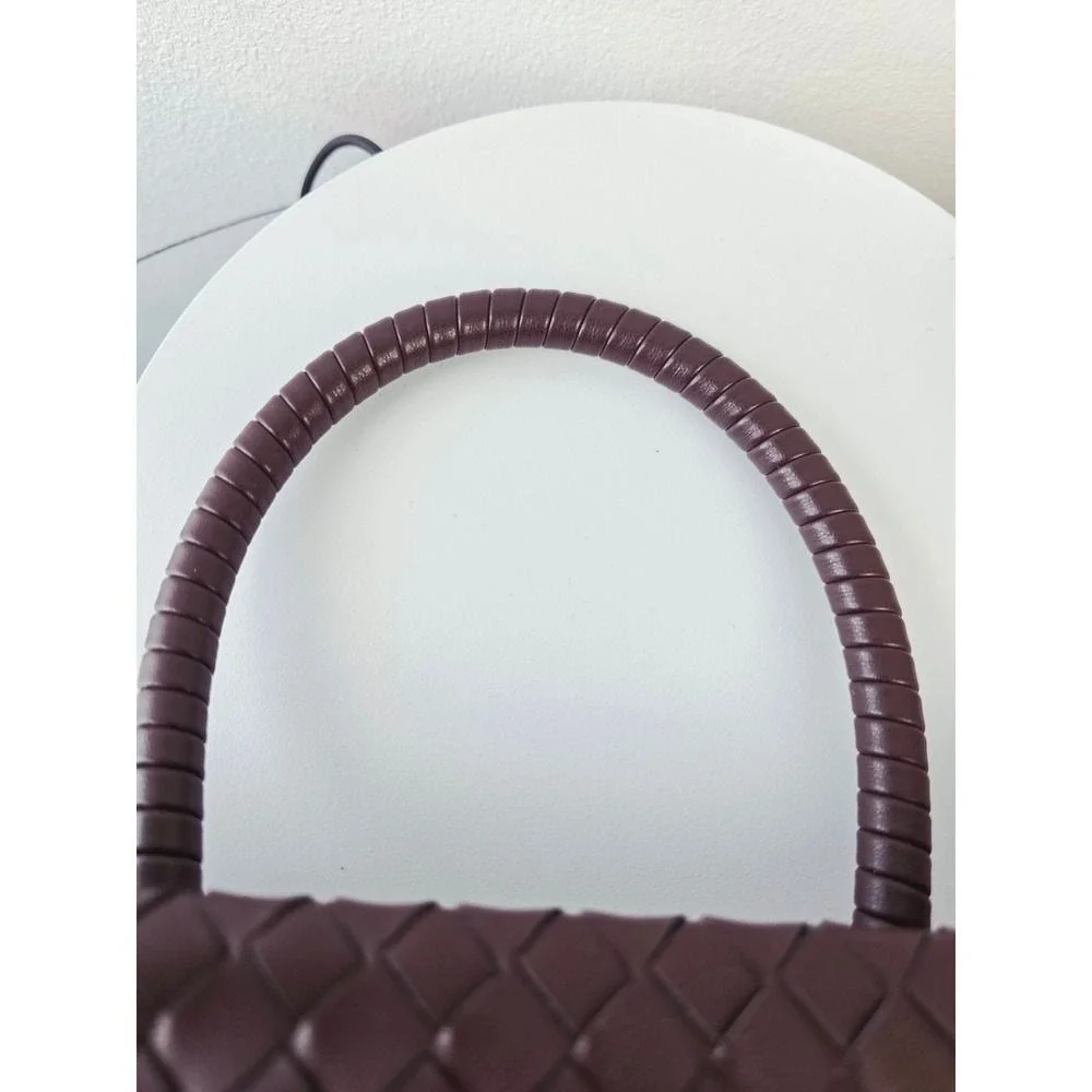 Woven Vegan Leather Satchel Handbag Burgundy Gold X Hardware Top Handle Bag